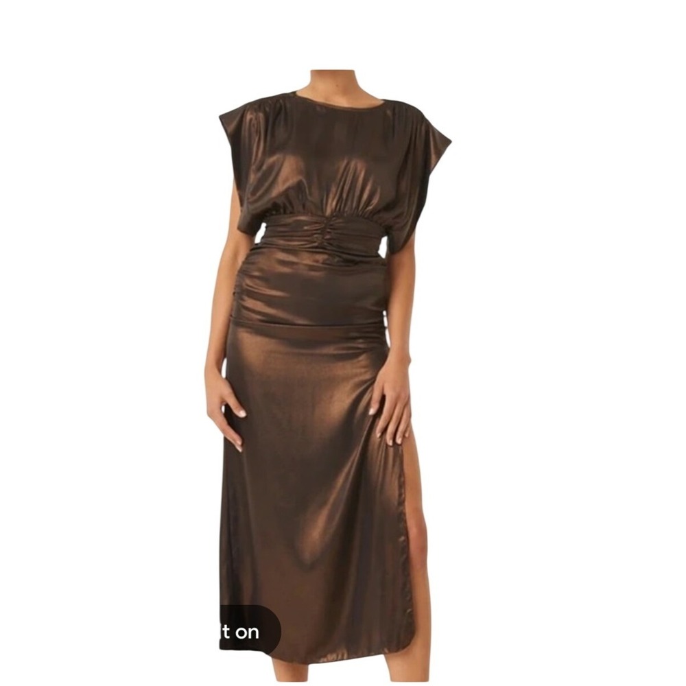 MISA Los Angeles Womens Bronze Metallic Midi Gown Dolman Sleeve Dress NEW XS